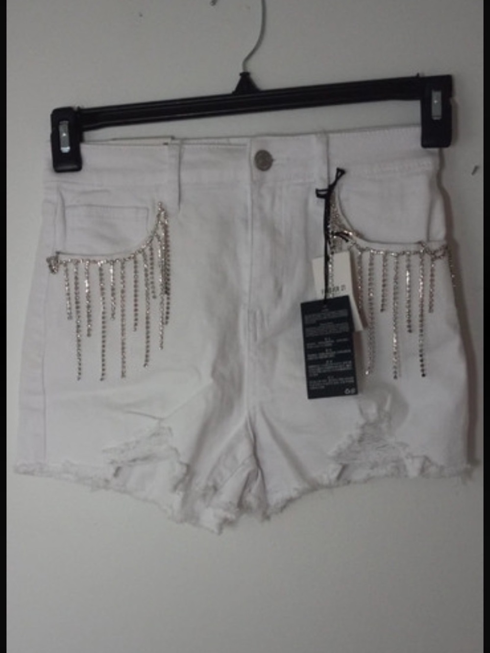 Forever 21 White Distressed Denim Shorts with Silver Chain Fringe Accent